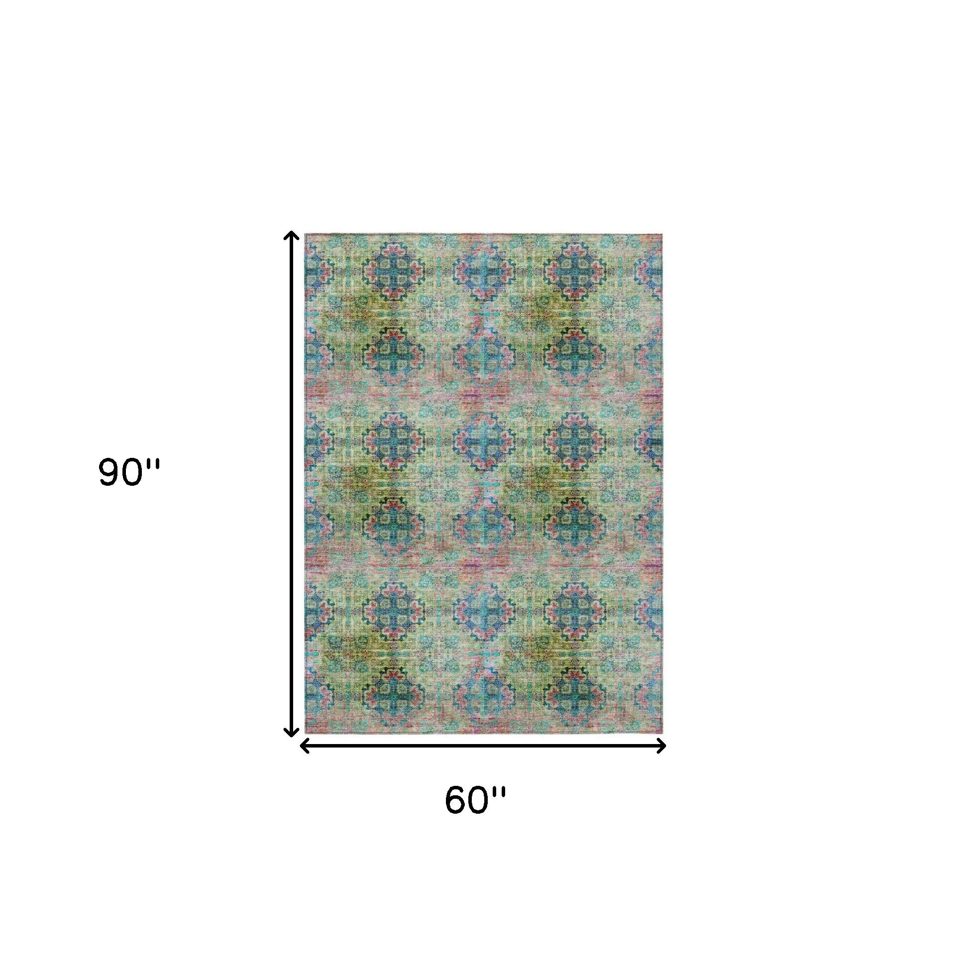5' X 8' Blue and Green Floral Medallion Washable Non Skid Indoor Outdoor Area Rug