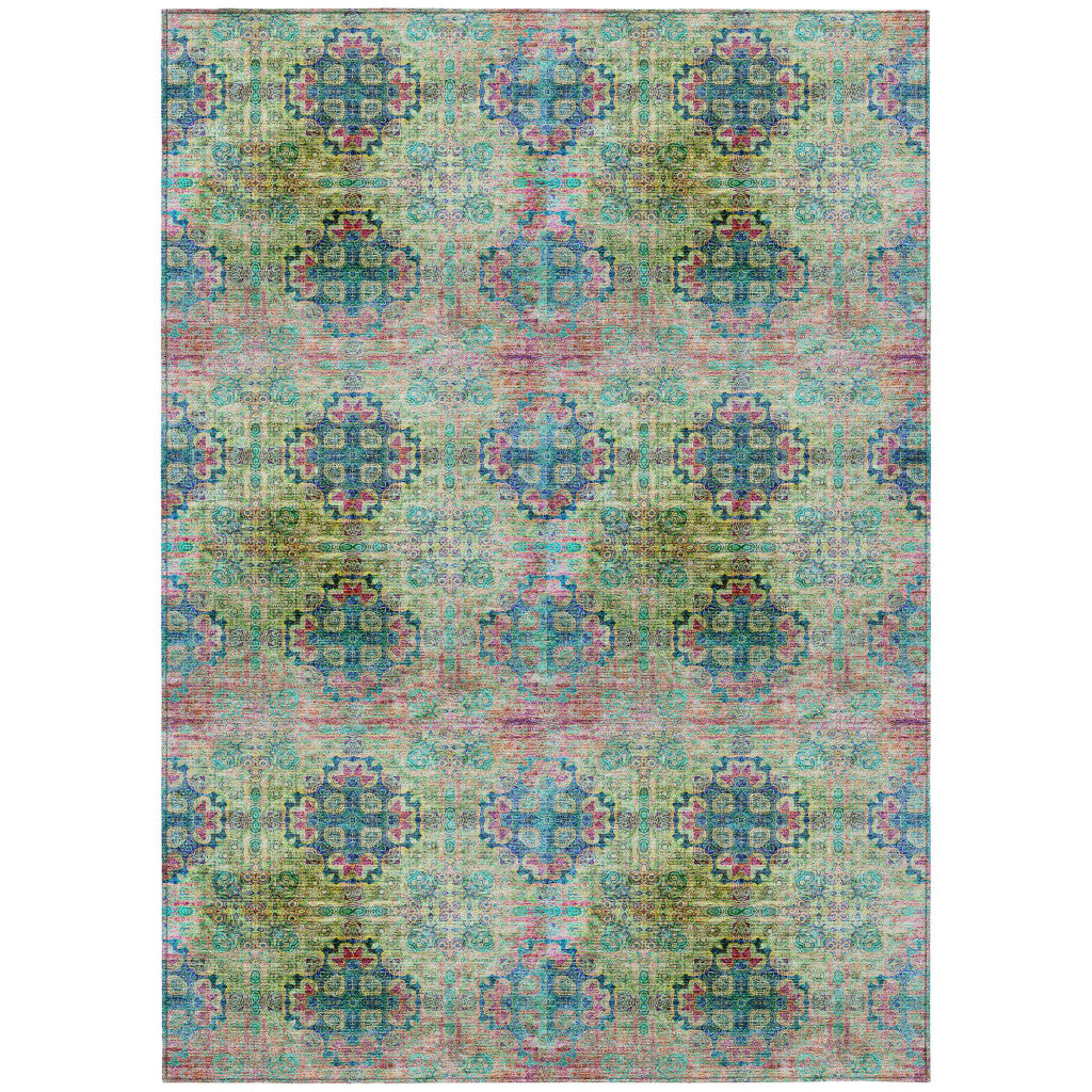 5' X 8' Blue and Green Floral Medallion Washable Non Skid Indoor Outdoor Area Rug