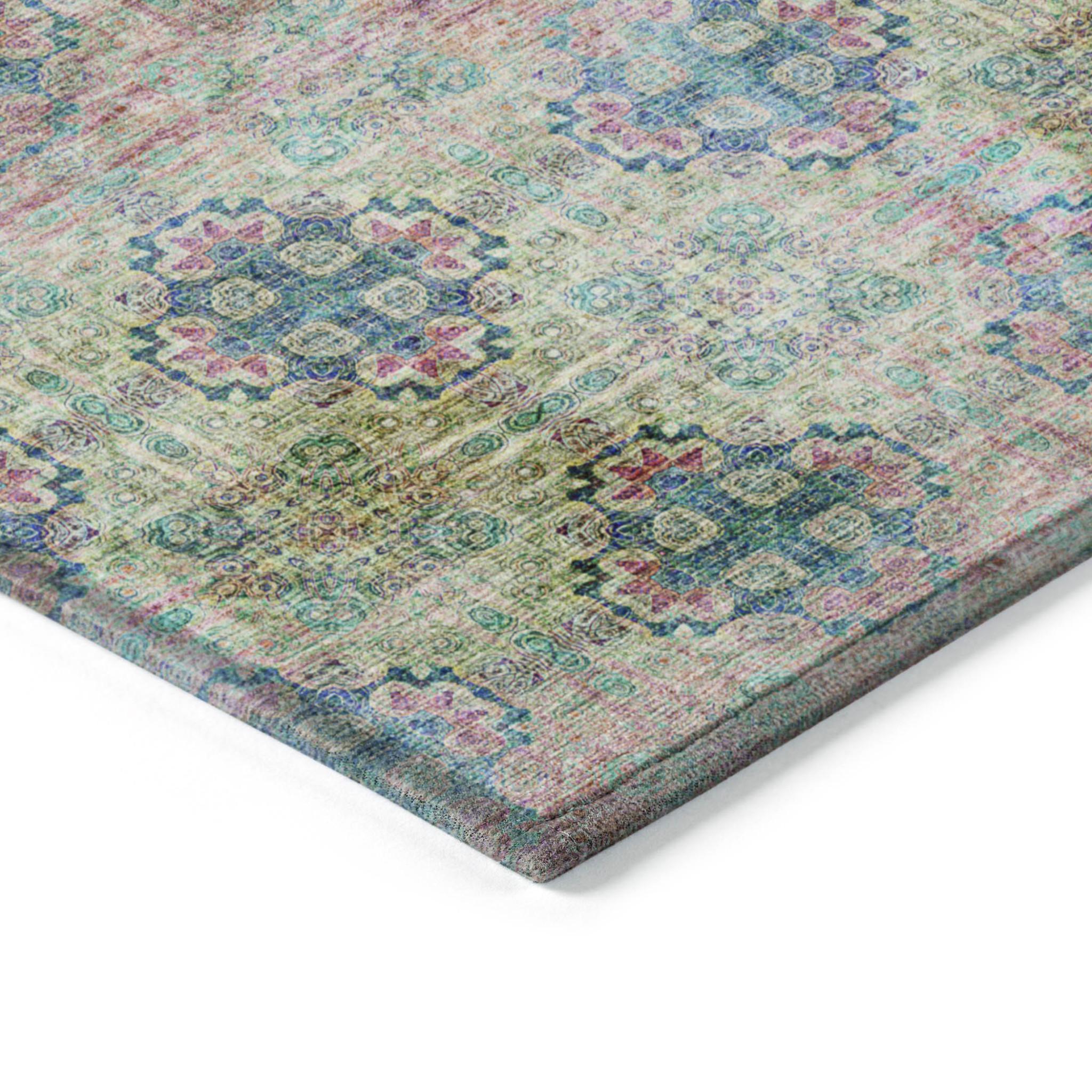 8' X 10' Blue and Green Floral Medallion Washable Non Skid Indoor Outdoor Area Rug