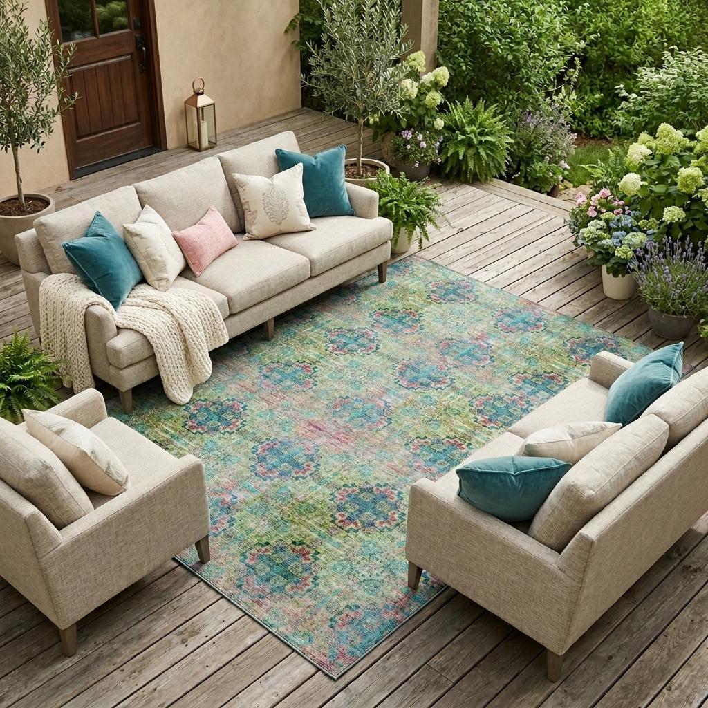 9' X 12' Blue And Green Floral Medallion Washable Indoor Outdoor Area Rug