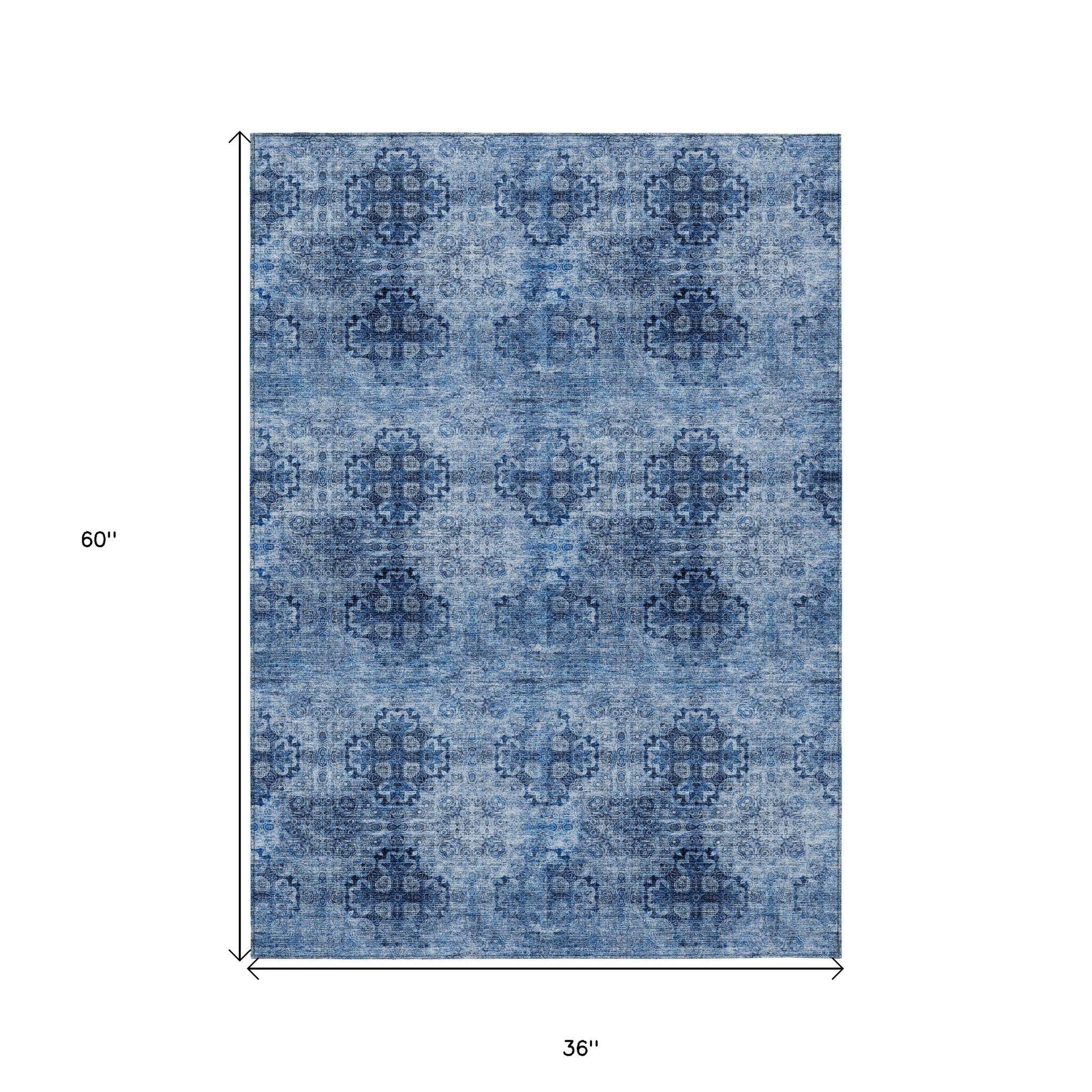 3' X 5' Navy Blue Floral Medallion Washable Non Skid Indoor Outdoor Area Rug