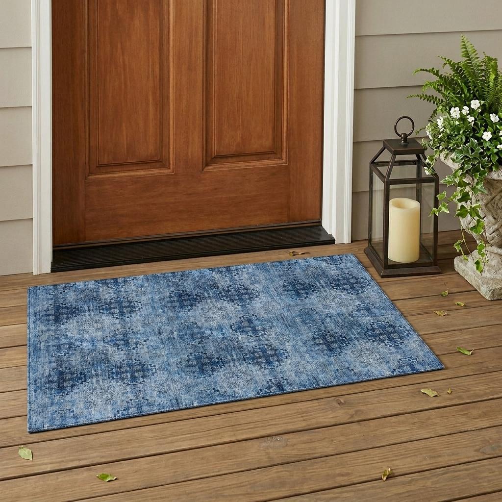 3' X 5' Navy Blue Floral Medallion Washable Non Skid Indoor Outdoor Area Rug