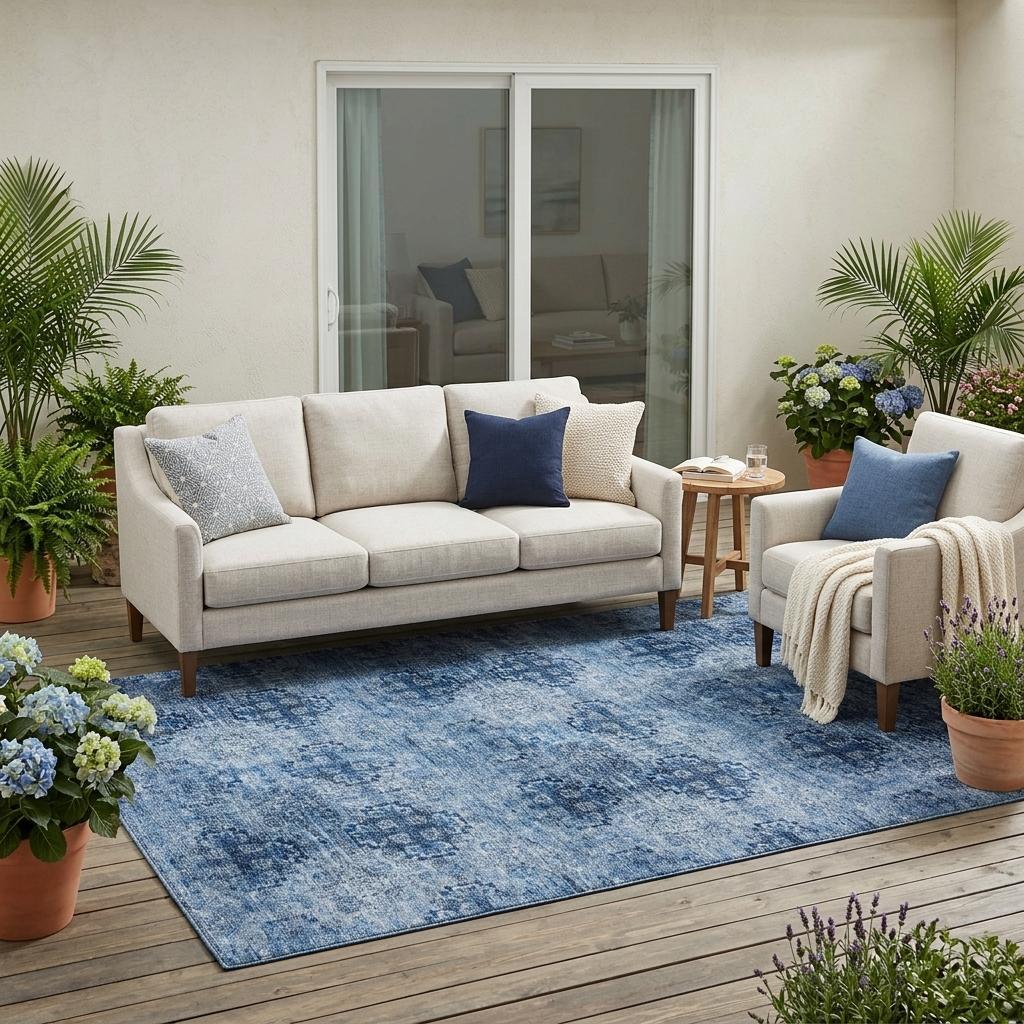 5' X 8' Navy Blue Floral Medallion Washable Non Skid Indoor Outdoor Area Rug