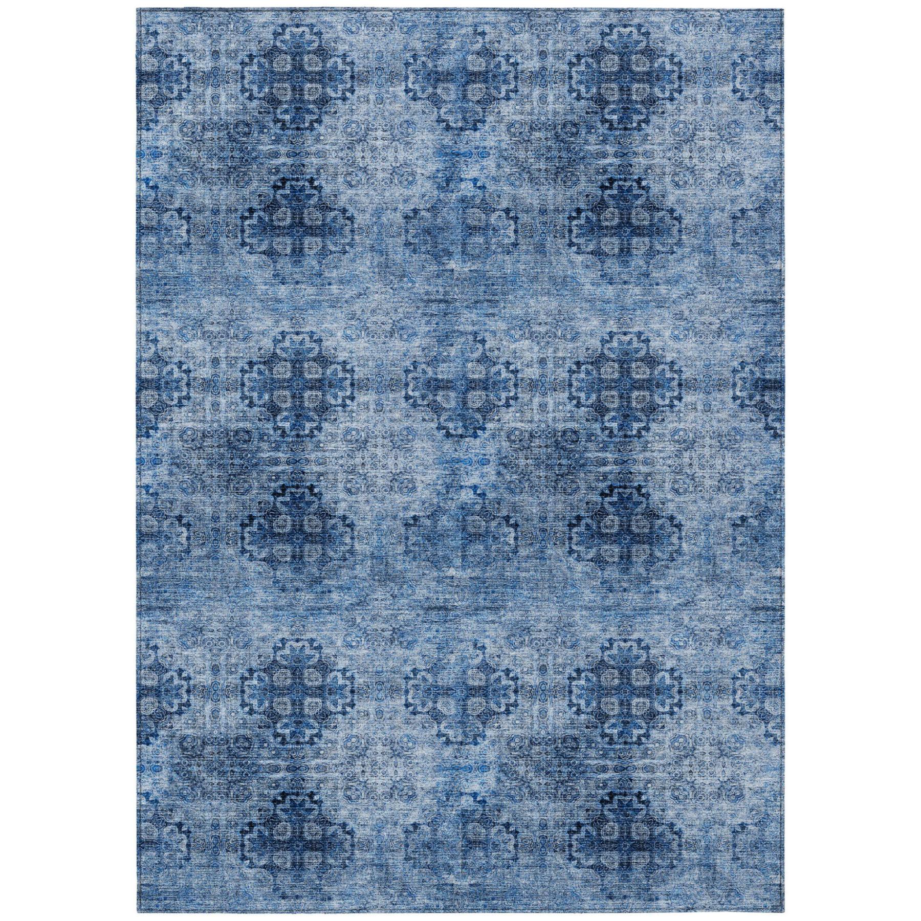 8' X 10' Navy Blue Floral Medallion Washable Non Skid Indoor Outdoor Area Rug