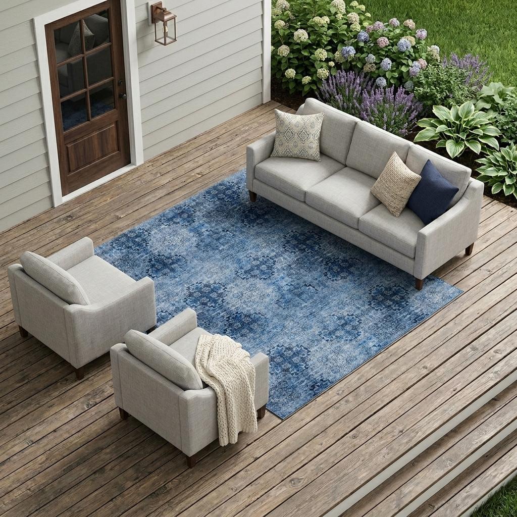 9' X 12' Navy Blue Floral Medallion Washable Non Skid Indoor Outdoor Area Rug