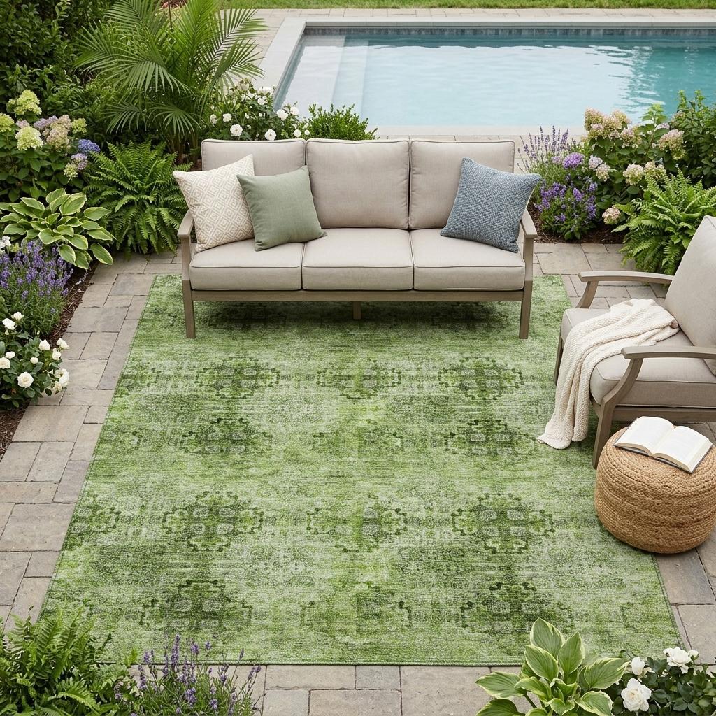 5' X 8' Olive Green Floral Medallion Washable Non Skid Indoor Outdoor Area Rug