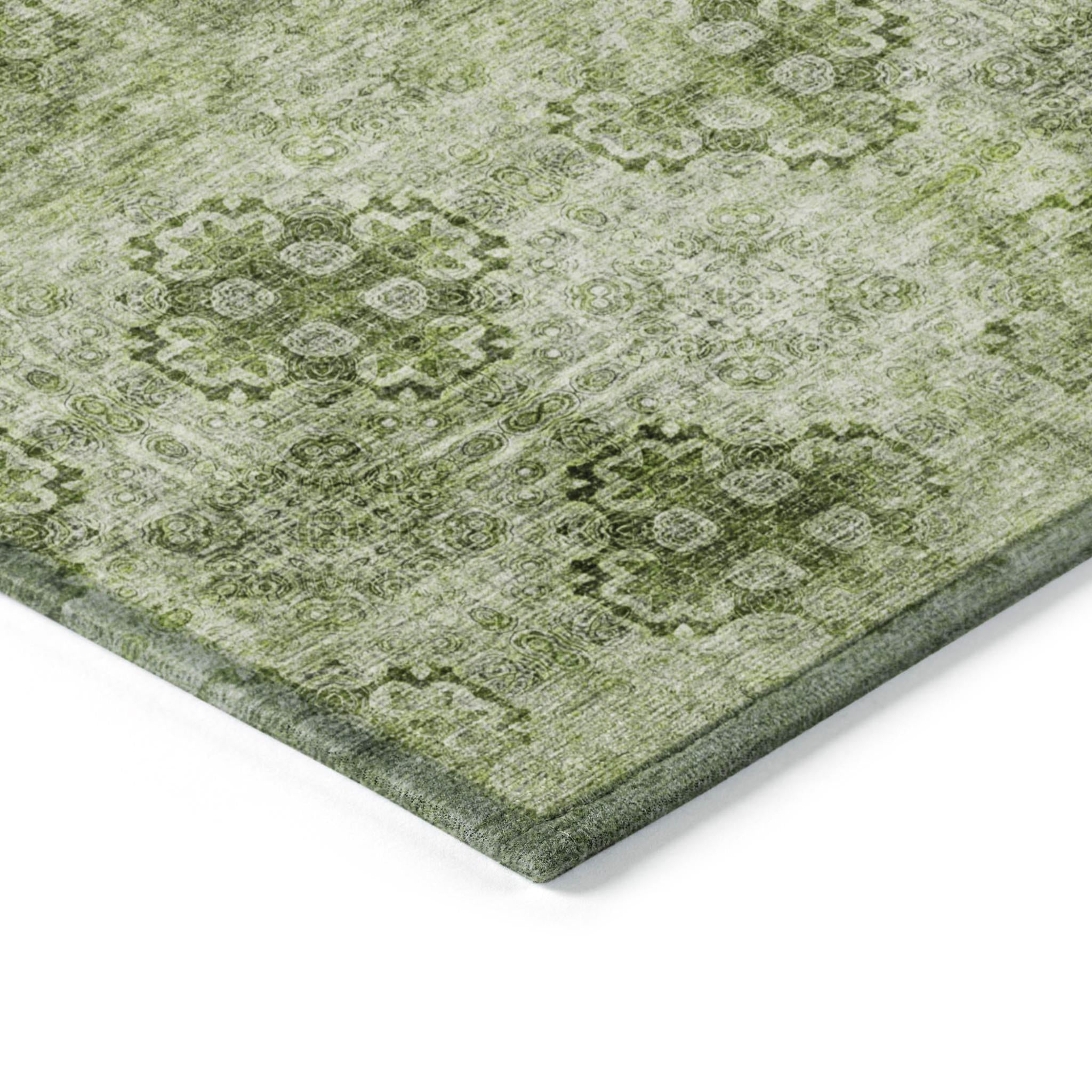 9' X 12' Olive Green Floral Medallion Washable Non Skid Indoor Outdoor Area Rug