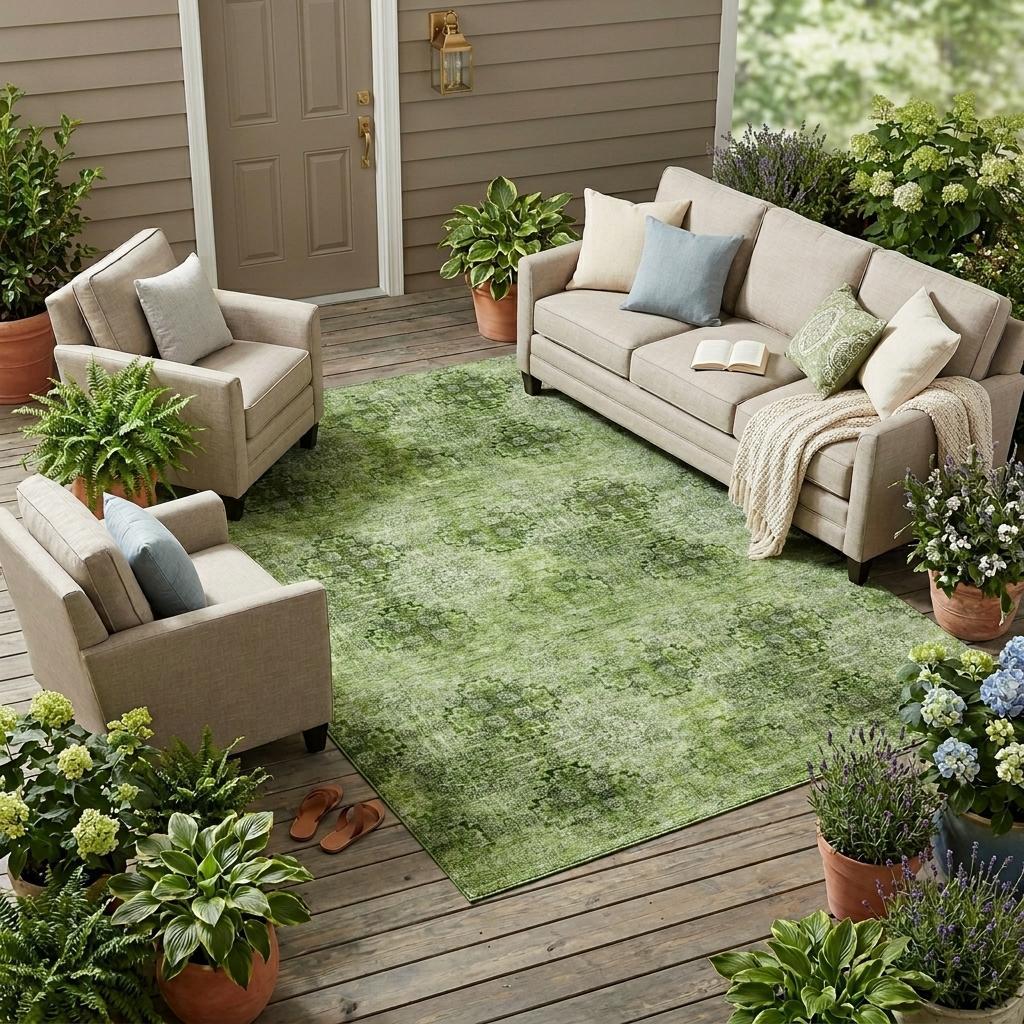 10' X 14' Olive Green Floral Medallion Washable Non Skid Indoor Outdoor Area Rug