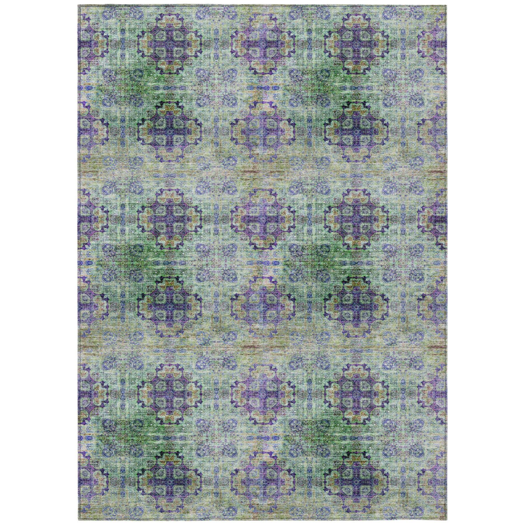 5' X 8' Purple and Green Floral Medallion Washable Non Skid Indoor Outdoor Area Rug