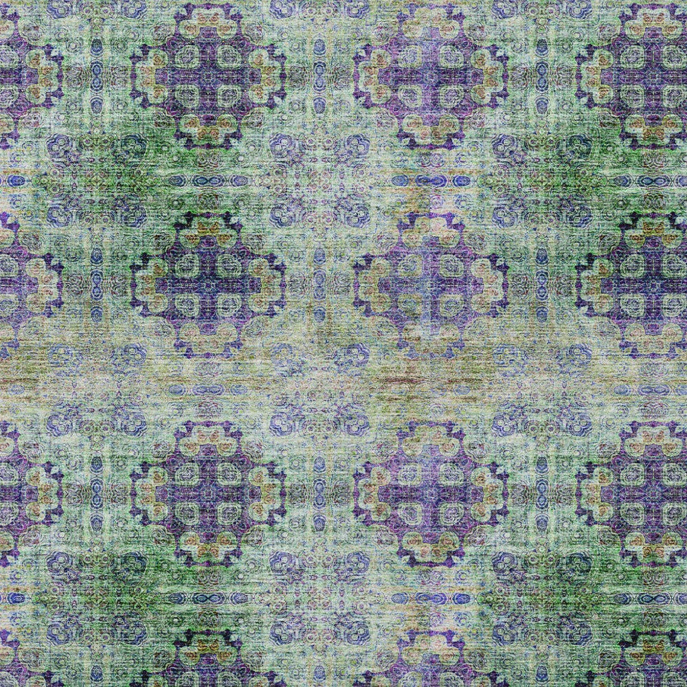 8' X 10' Purple and Green Floral Medallion Washable Non Skid Indoor Outdoor Area Rug