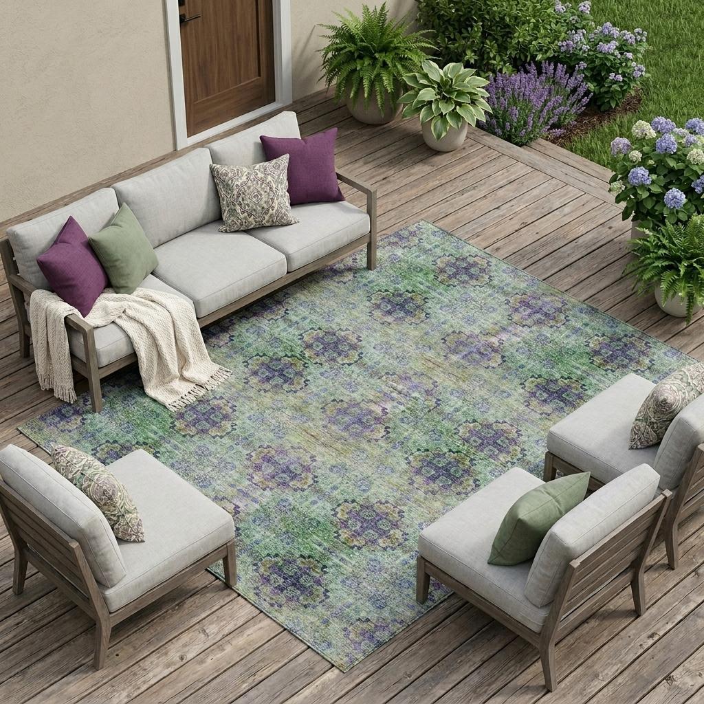 9' X 12' Purple And Green Floral Medallion Washable Indoor Outdoor Area Rug