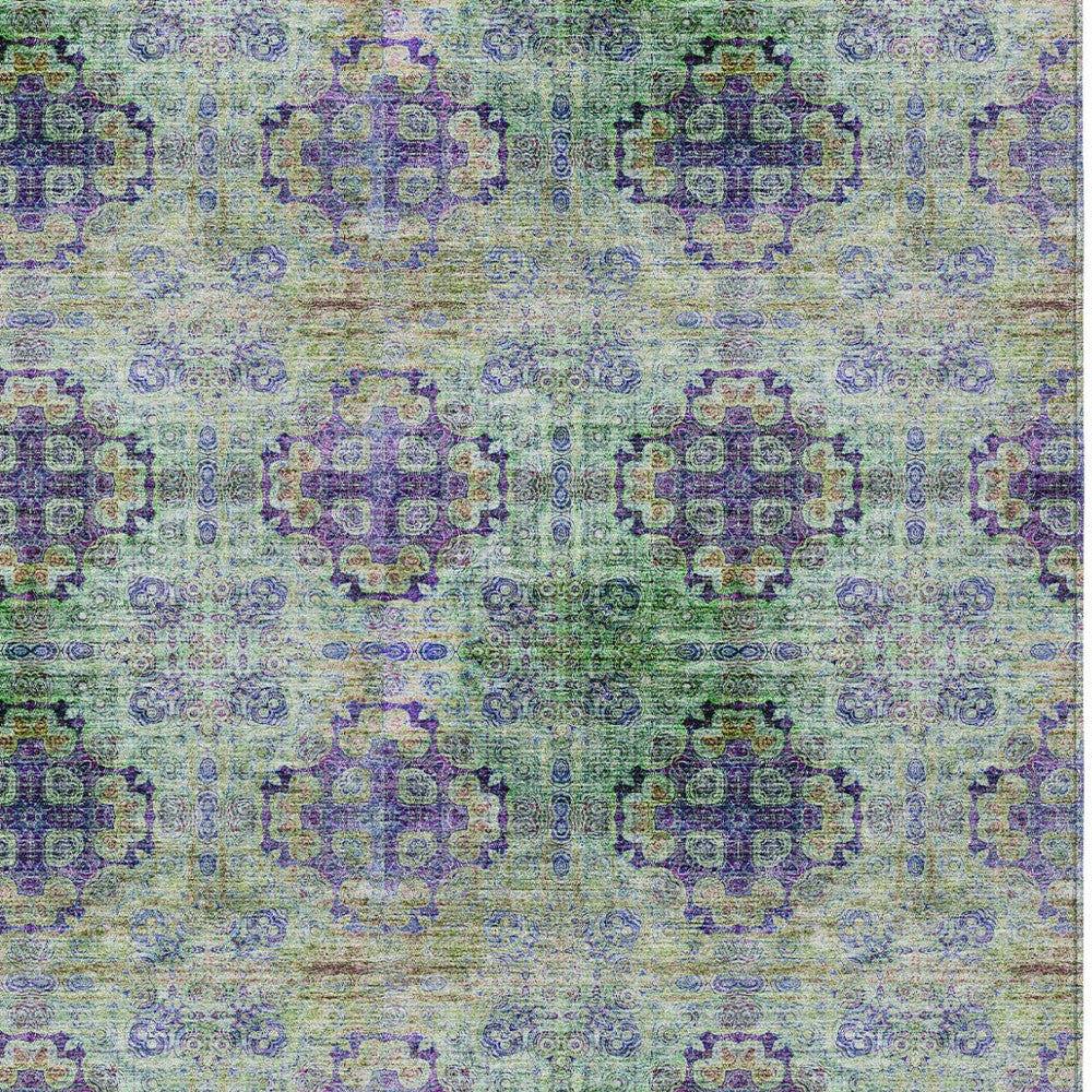 9' X 12' Purple And Green Floral Medallion Washable Indoor Outdoor Area Rug