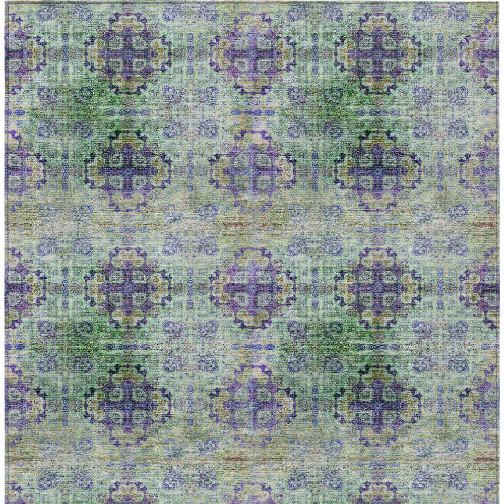 9' X 12' Purple And Green Floral Medallion Washable Indoor Outdoor Area Rug