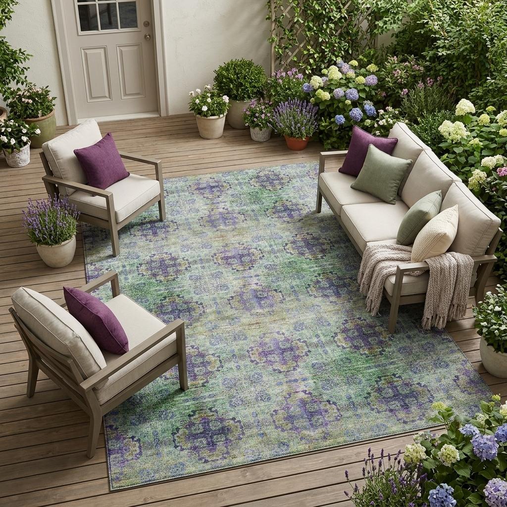 10' X 14' Purple and Green Floral Medallion Washable Non Skid Indoor Outdoor Area Rug