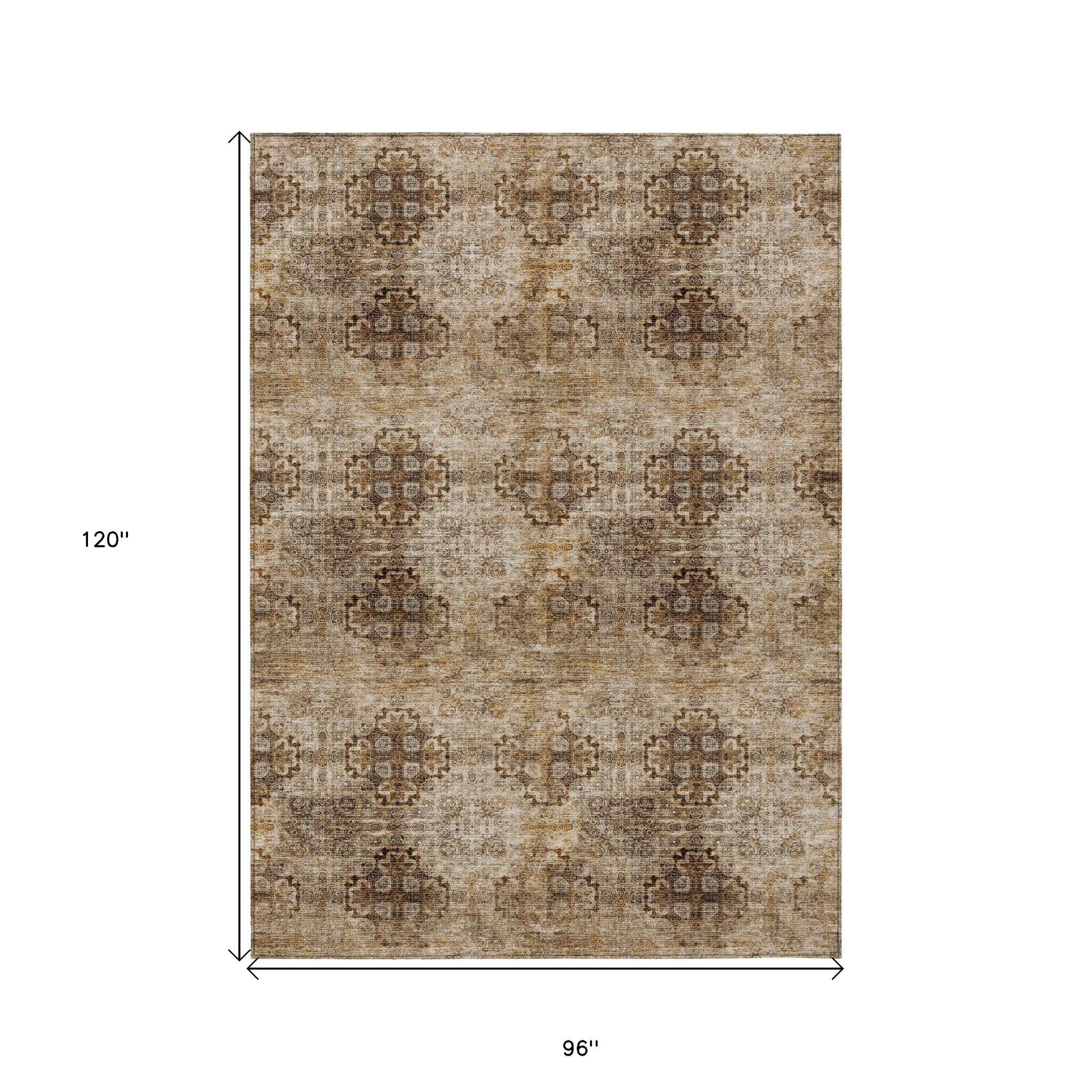 8' X 10' Taupe Floral Medallion Washable Non Skid Indoor Outdoor Area Rug