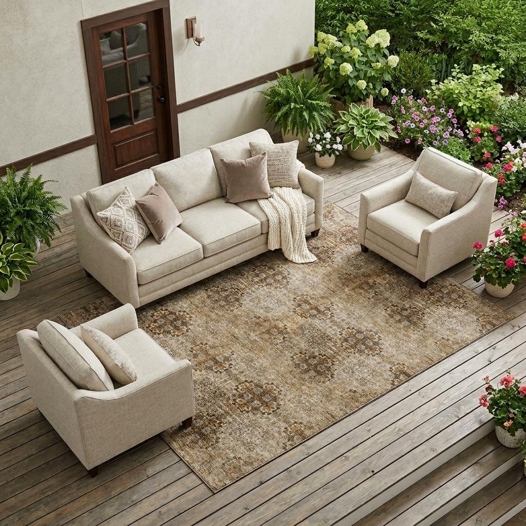 9' X 12' Taupe Floral Medallion Washable Non Skid Indoor Outdoor Area Rug