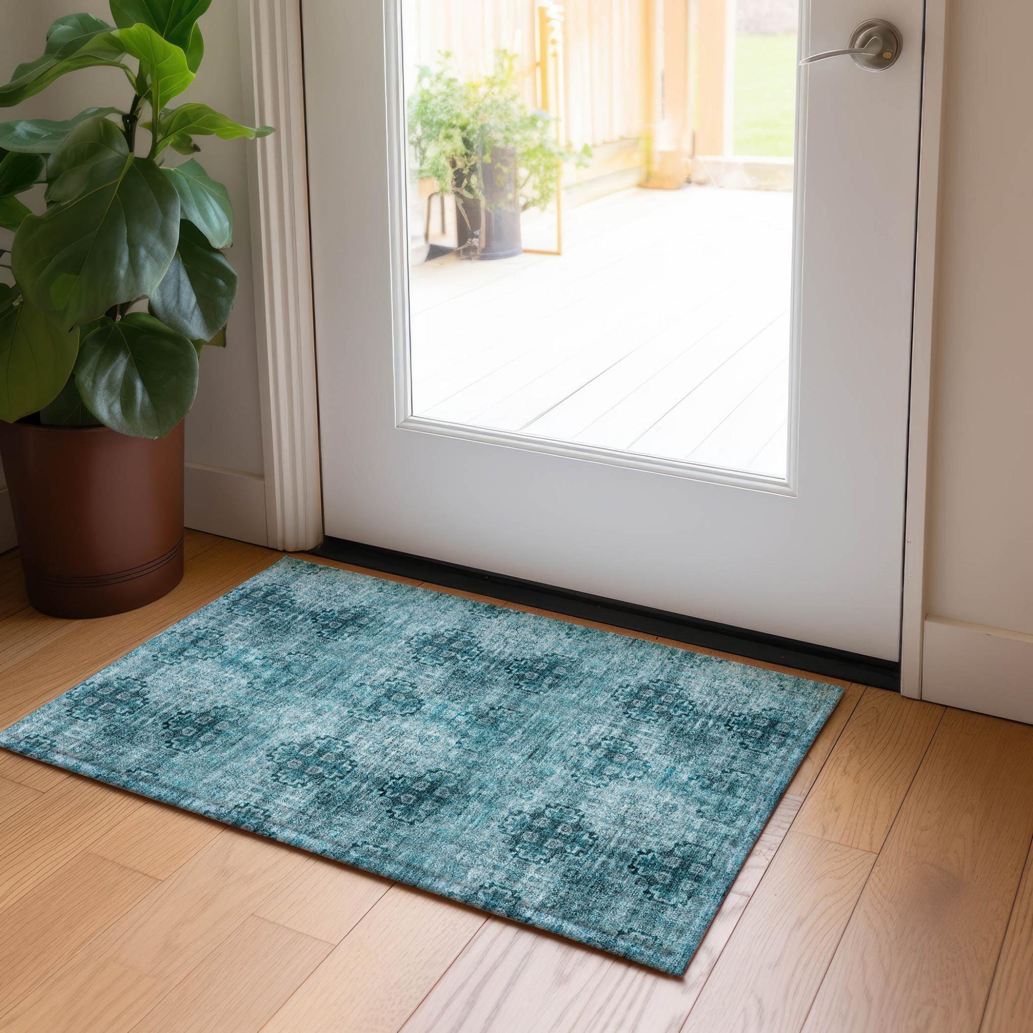 2' X 3' Teal Floral Medallion Washable Non Skid Indoor Outdoor Area Rug