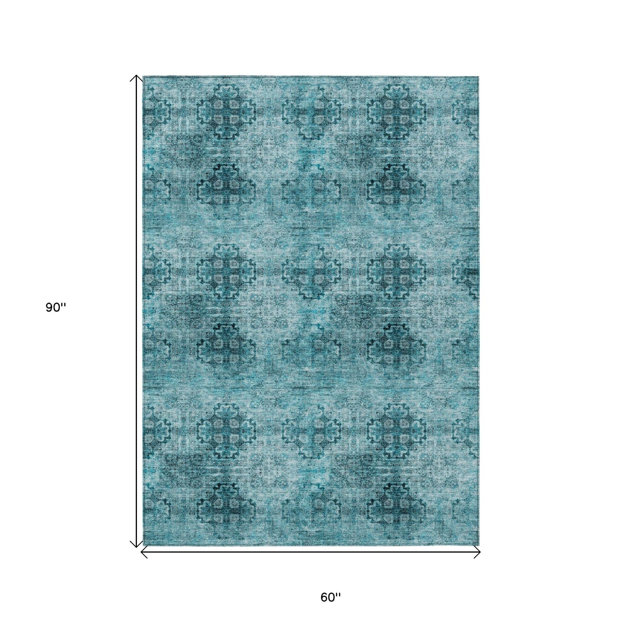 5' X 8' Teal Floral Medallion Washable Non Skid Indoor Outdoor Area Rug