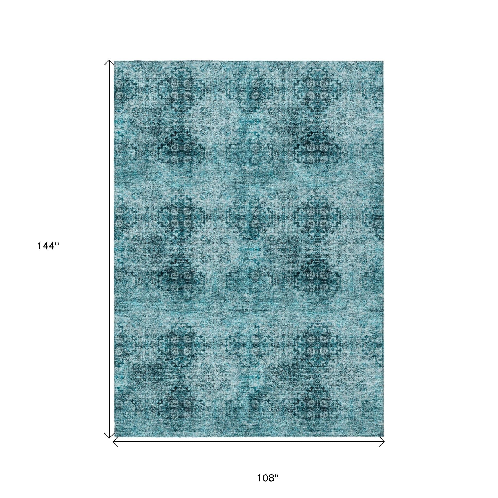 9' X 12' Teal Floral Medallion Washable Non Skid Indoor Outdoor Area Rug