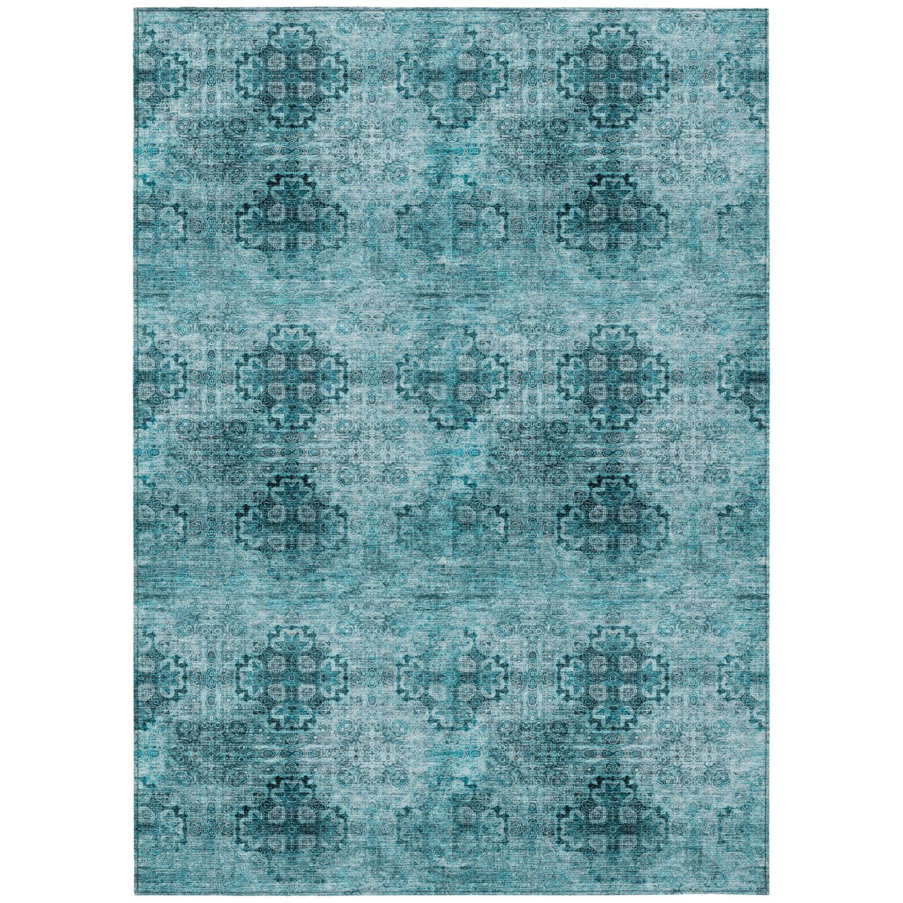 9' X 12' Teal Floral Medallion Washable Non Skid Indoor Outdoor Area Rug