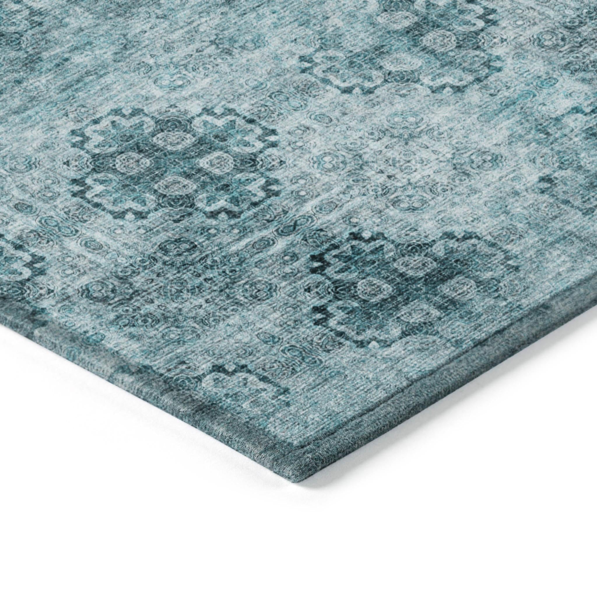 9' X 12' Teal Floral Medallion Washable Non Skid Indoor Outdoor Area Rug