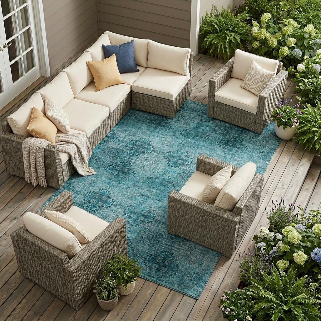 9' X 12' Teal Floral Medallion Washable Non Skid Indoor Outdoor Area Rug