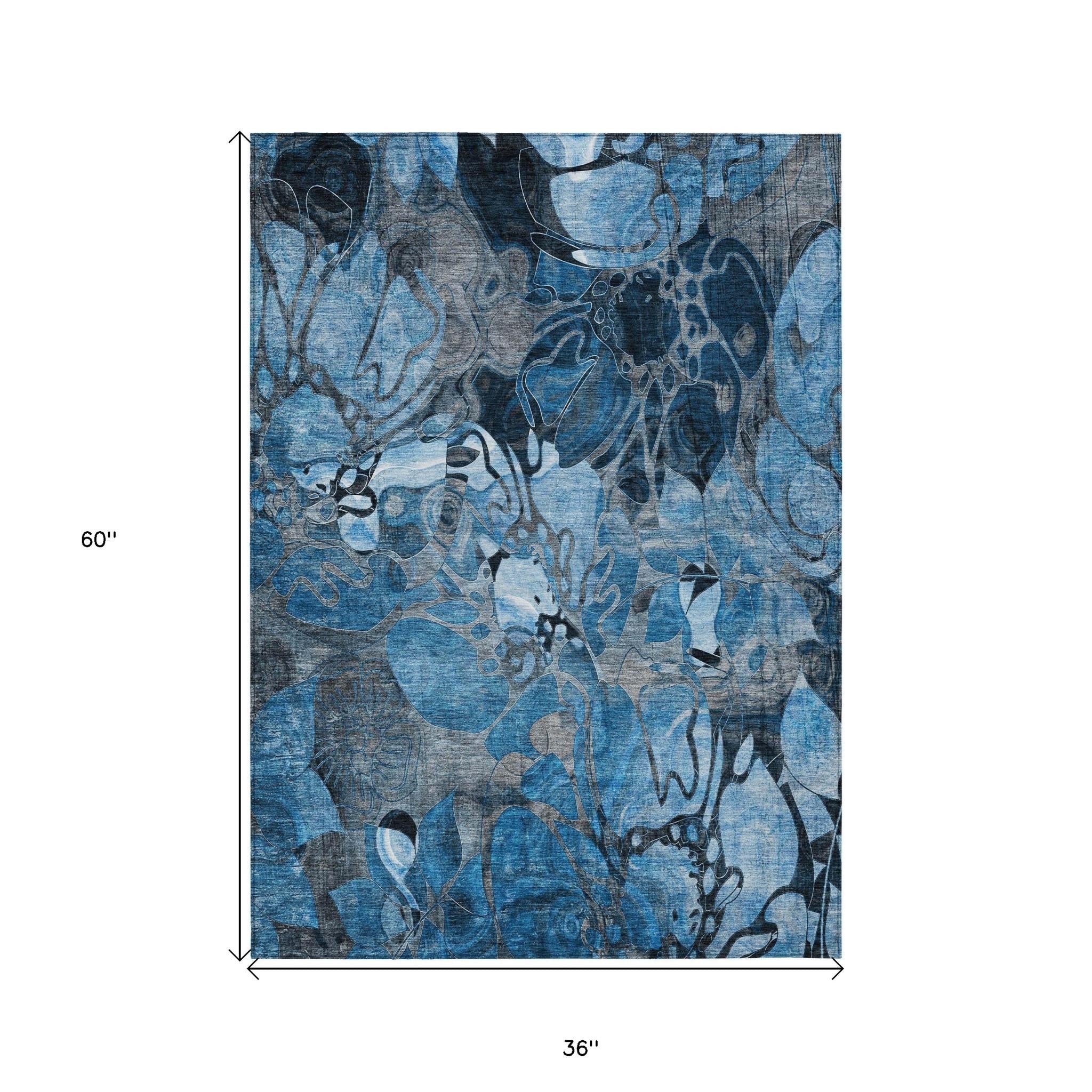 3' X 5' Blue and Gray Abstract Washable Indoor Outdoor Area Rug