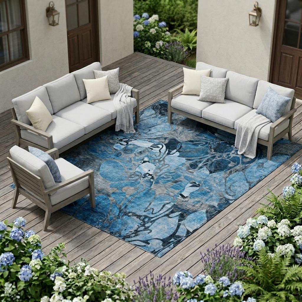 9' X 12' Blue and Gray Abstract Washable Indoor Outdoor Area Rug