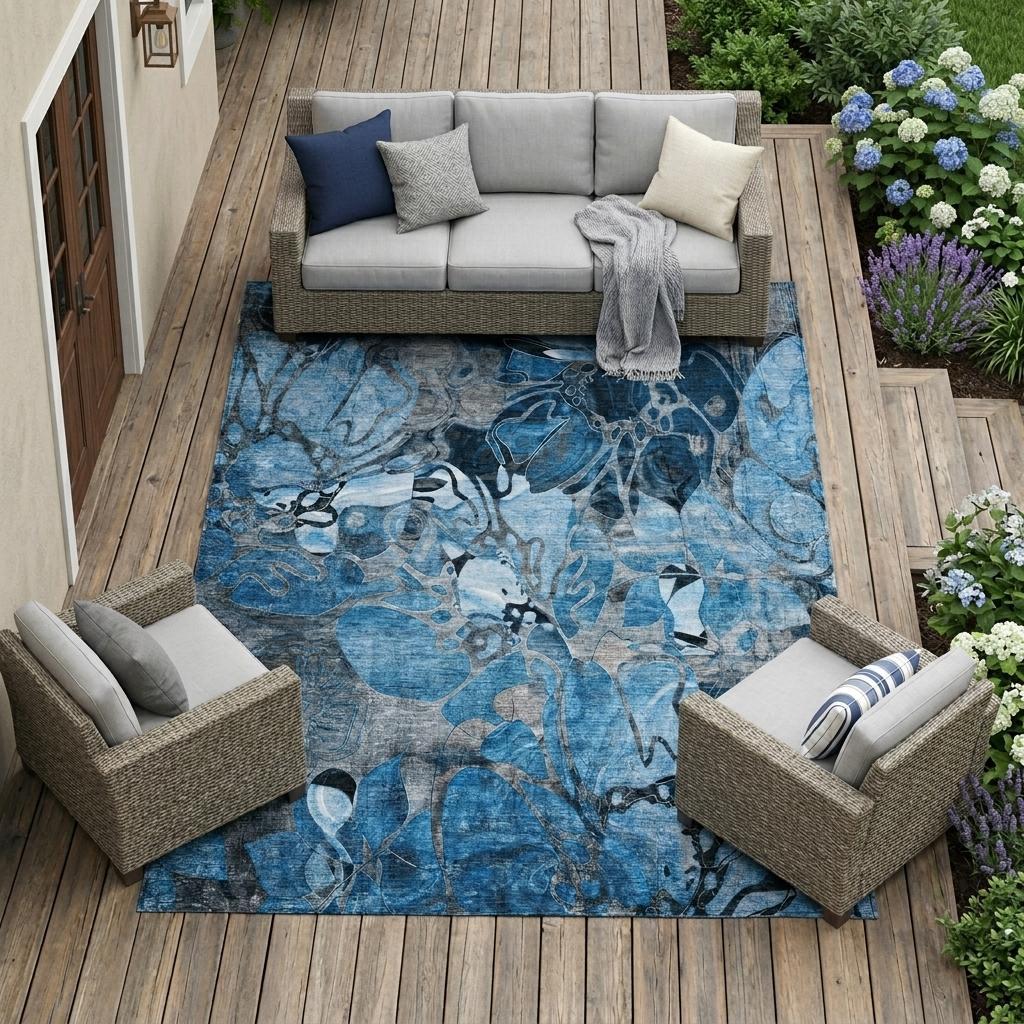 10' X 14' Blue and Gray Abstract Washable Indoor Outdoor Area Rug