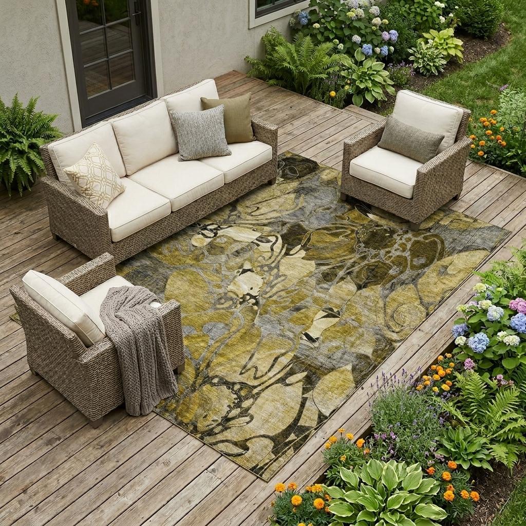 9' X 12' Green And Brown Floral Washable Indoor Outdoor Area Rug