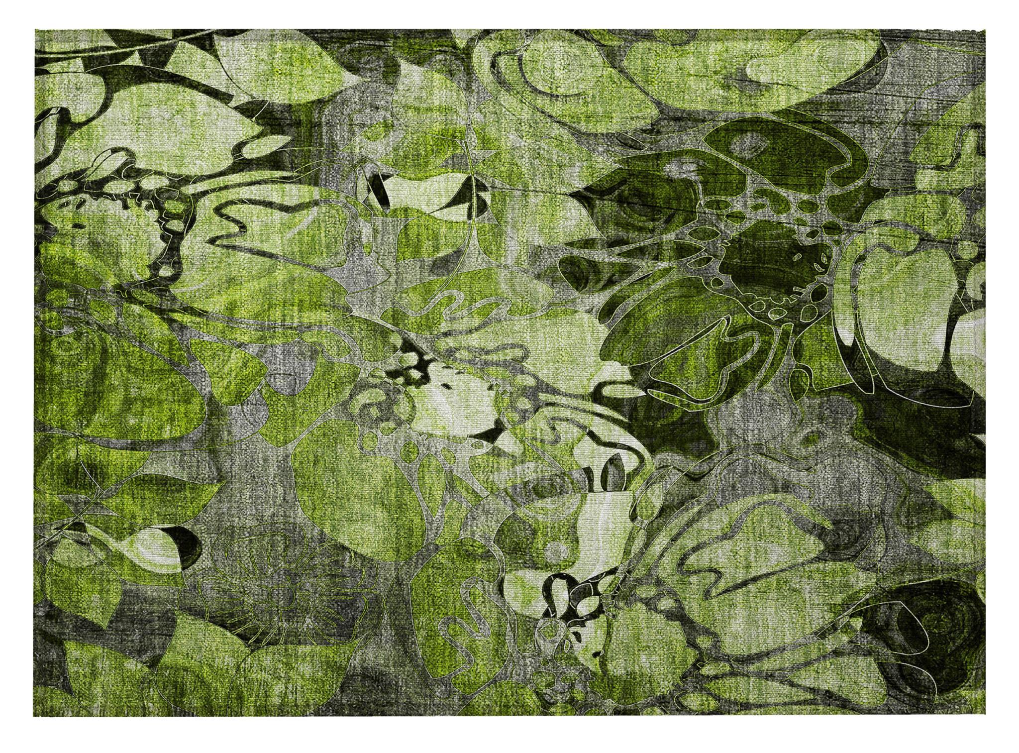 2' X 3' Fern Green and Gray Floral Washable Non Skid Indoor Outdoor Area Rug