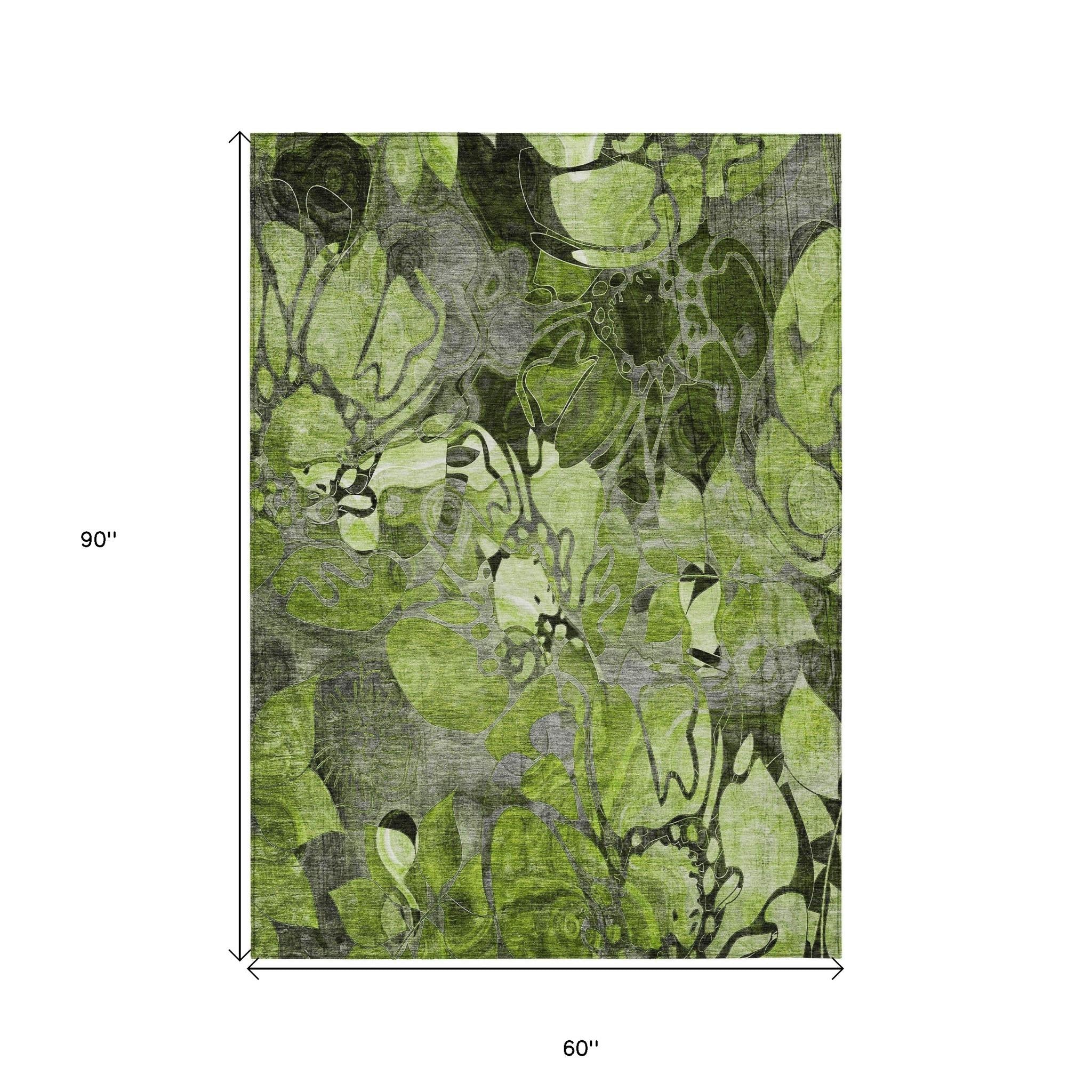 5' X 8' Fern Green and Gray Abstract Washable Indoor Outdoor Area Rug