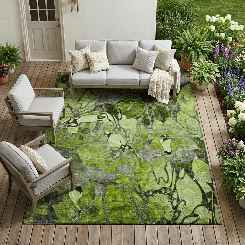 8' X 10' Fern Green and Gray Abstract Washable Indoor Outdoor Area Rug
