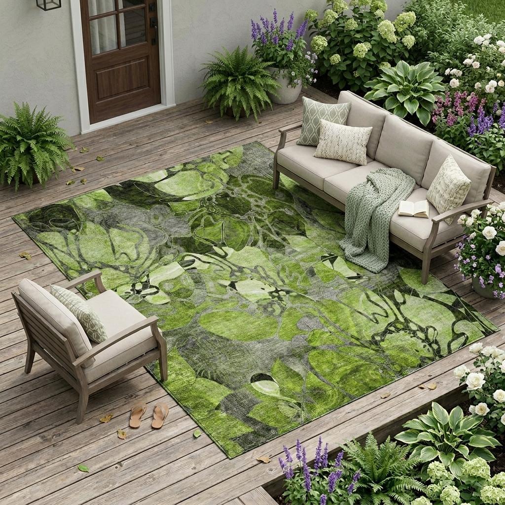 10' X 14' Fern Green and Gray Abstract Washable Indoor Outdoor Area Rug