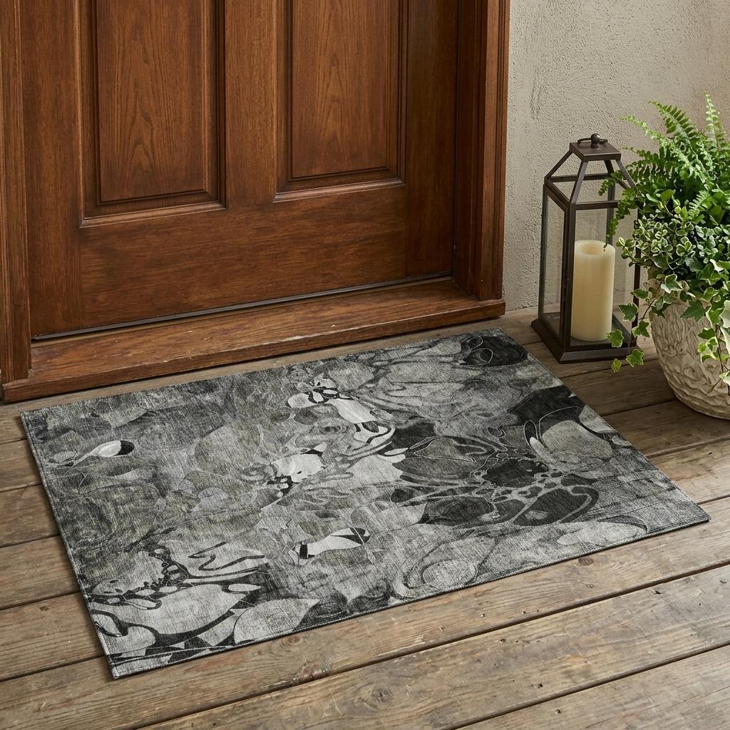 3' X 5' Gray Abstract Washable Indoor Outdoor Area Rug