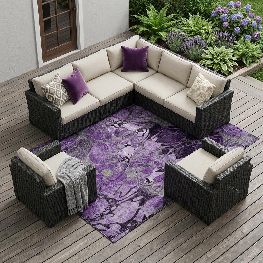 9' X 12' Purple Abstract Washable Indoor Outdoor Area Rug