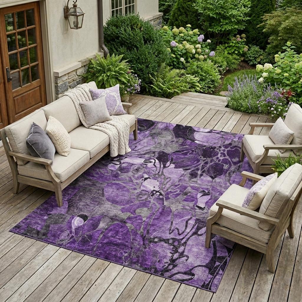 10' X 14' Purple Abstract Washable Indoor Outdoor Area Rug