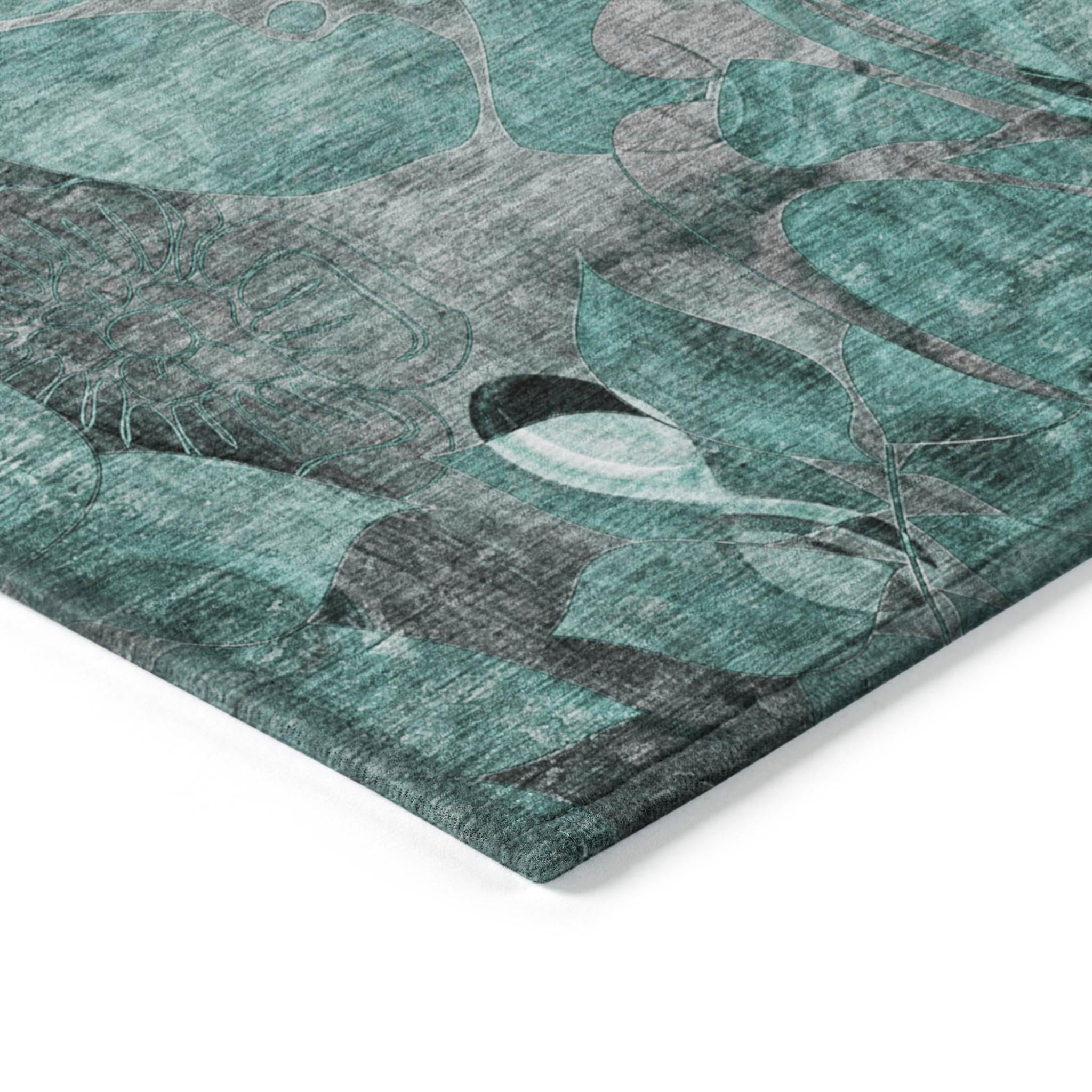9' X 12' Teal Blue Black And Gray Abstract Washable Indoor Outdoor Area Rug