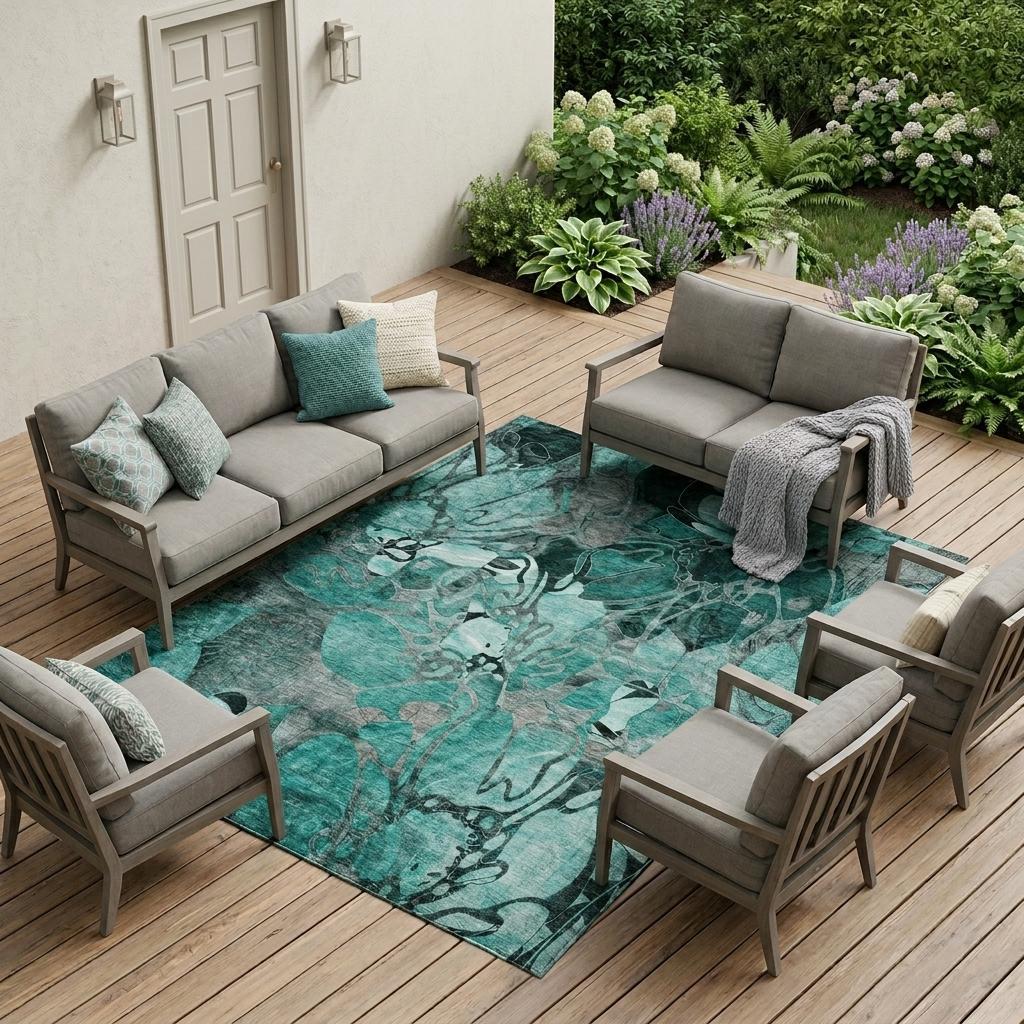 9' X 12' Teal Blue Black And Gray Abstract Washable Indoor Outdoor Area Rug