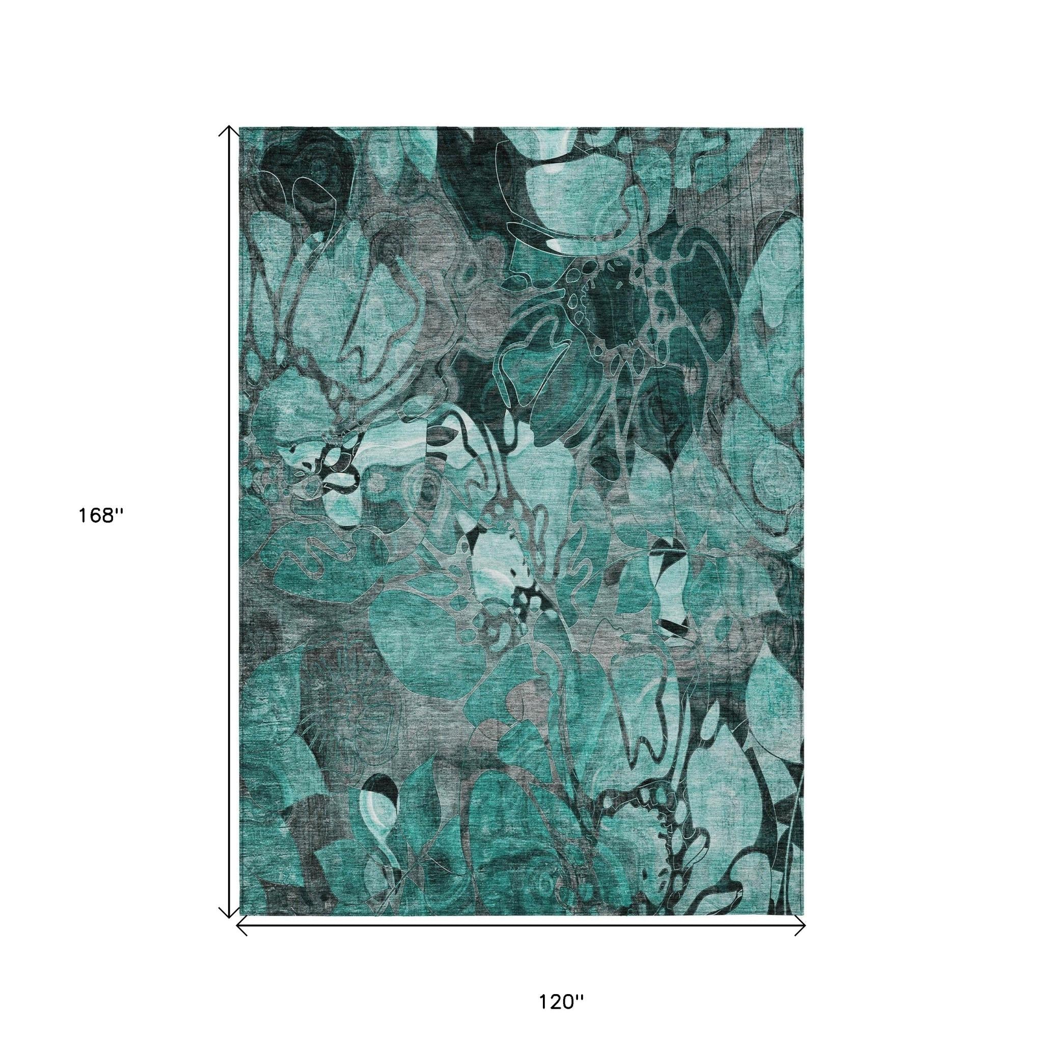 10' X 14' Teal Black and Gray Floral Washable Non Skid Indoor Outdoor Area Rug