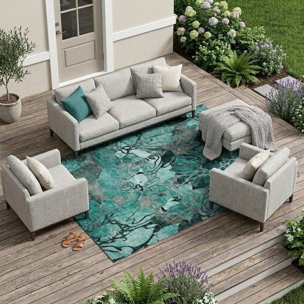10' X 14' Teal Black and Gray Floral Washable Non Skid Indoor Outdoor Area Rug