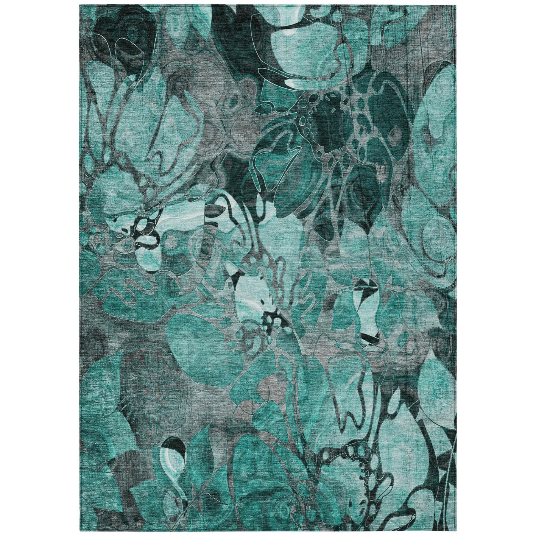 10' X 14' Teal Black and Gray Floral Washable Non Skid Indoor Outdoor Area Rug