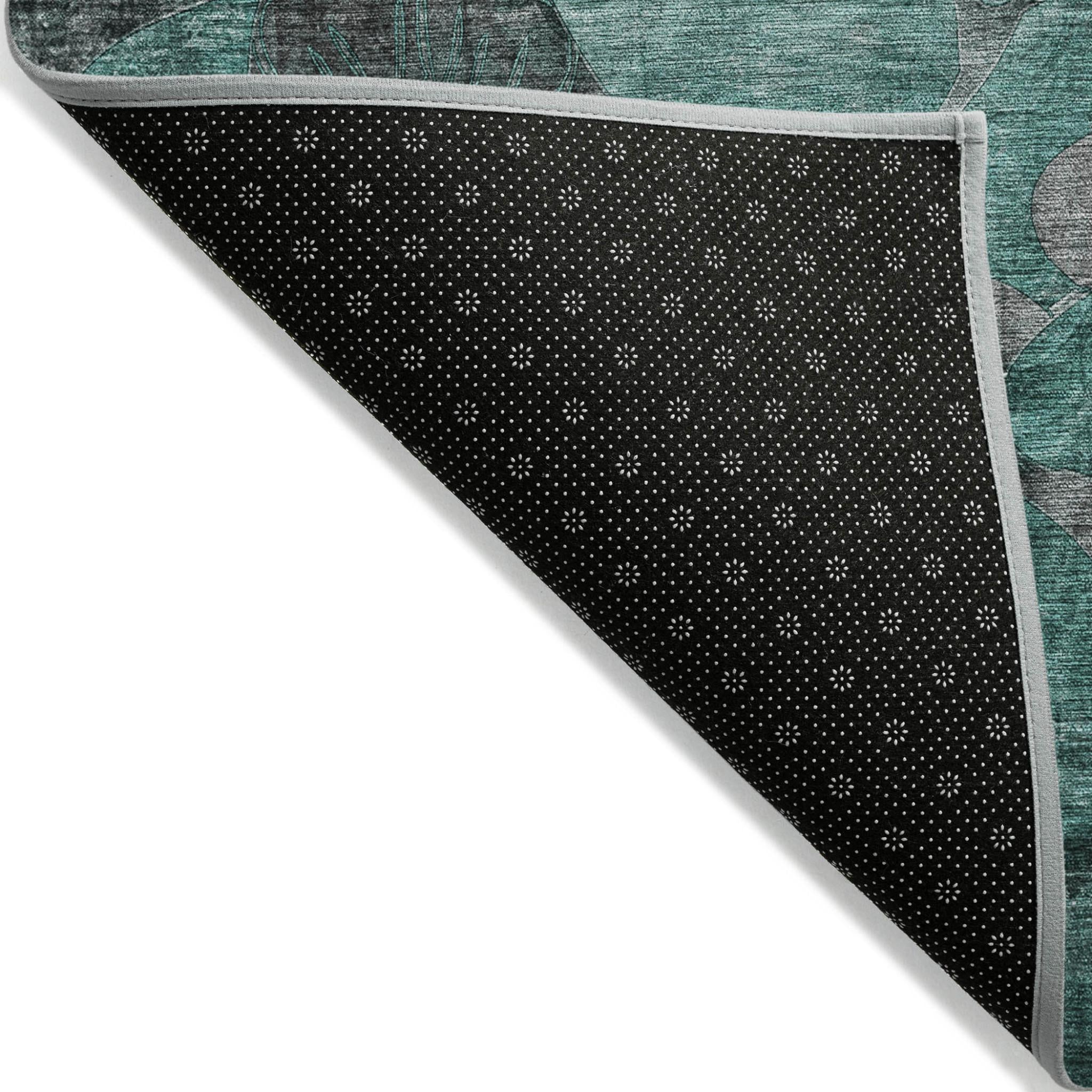 10' X 14' Teal Black and Gray Floral Washable Non Skid Indoor Outdoor Area Rug