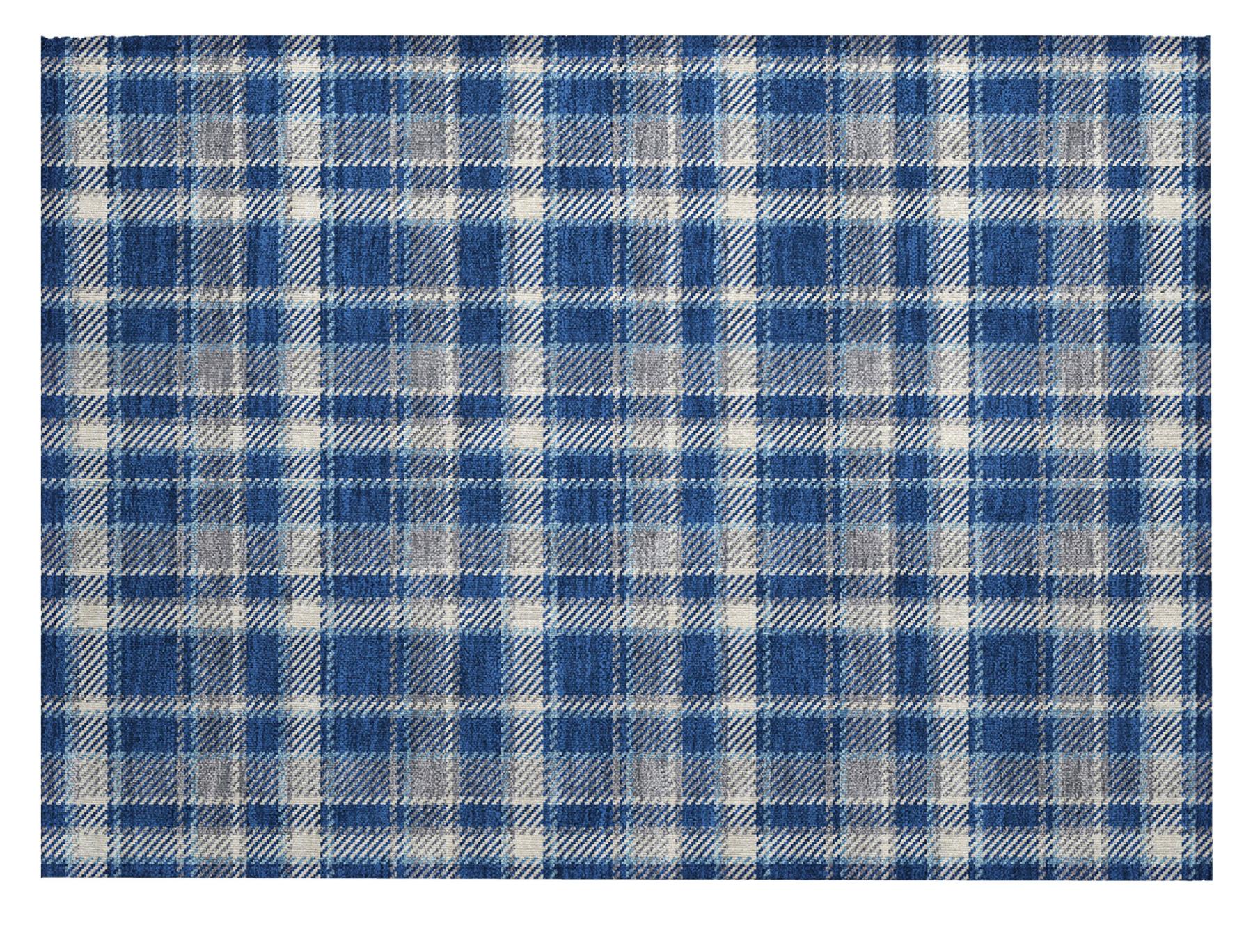2' X 3' Navy and Ivory Plaid Washable Non Skid Indoor Outdoor Area Rug