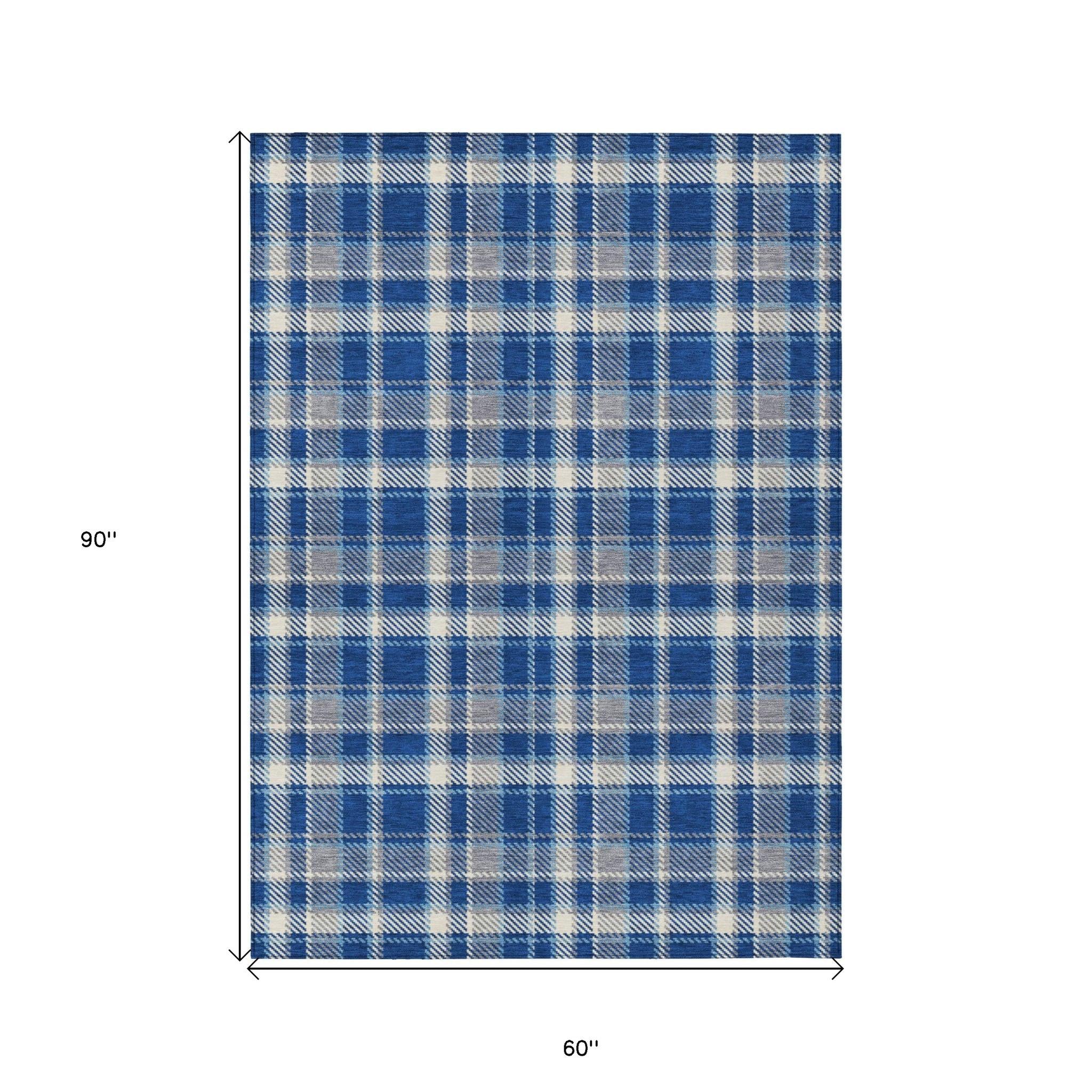 5' X 8' Navy and Ivory Plaid Washable Non Skid Indoor Outdoor Area Rug