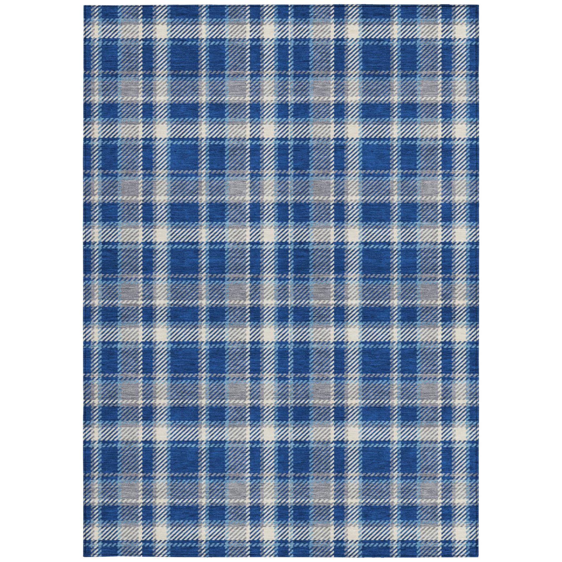 8' X 10' Navy and Ivory Plaid Washable Non Skid Indoor Outdoor Area Rug