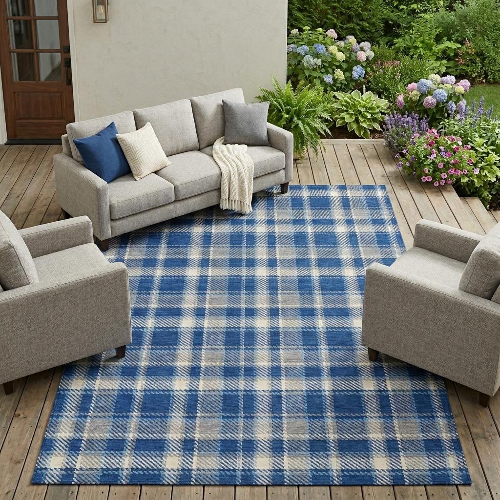 9' X 12' Navy and Ivory Plaid Washable Non Skid Indoor Outdoor Area Rug