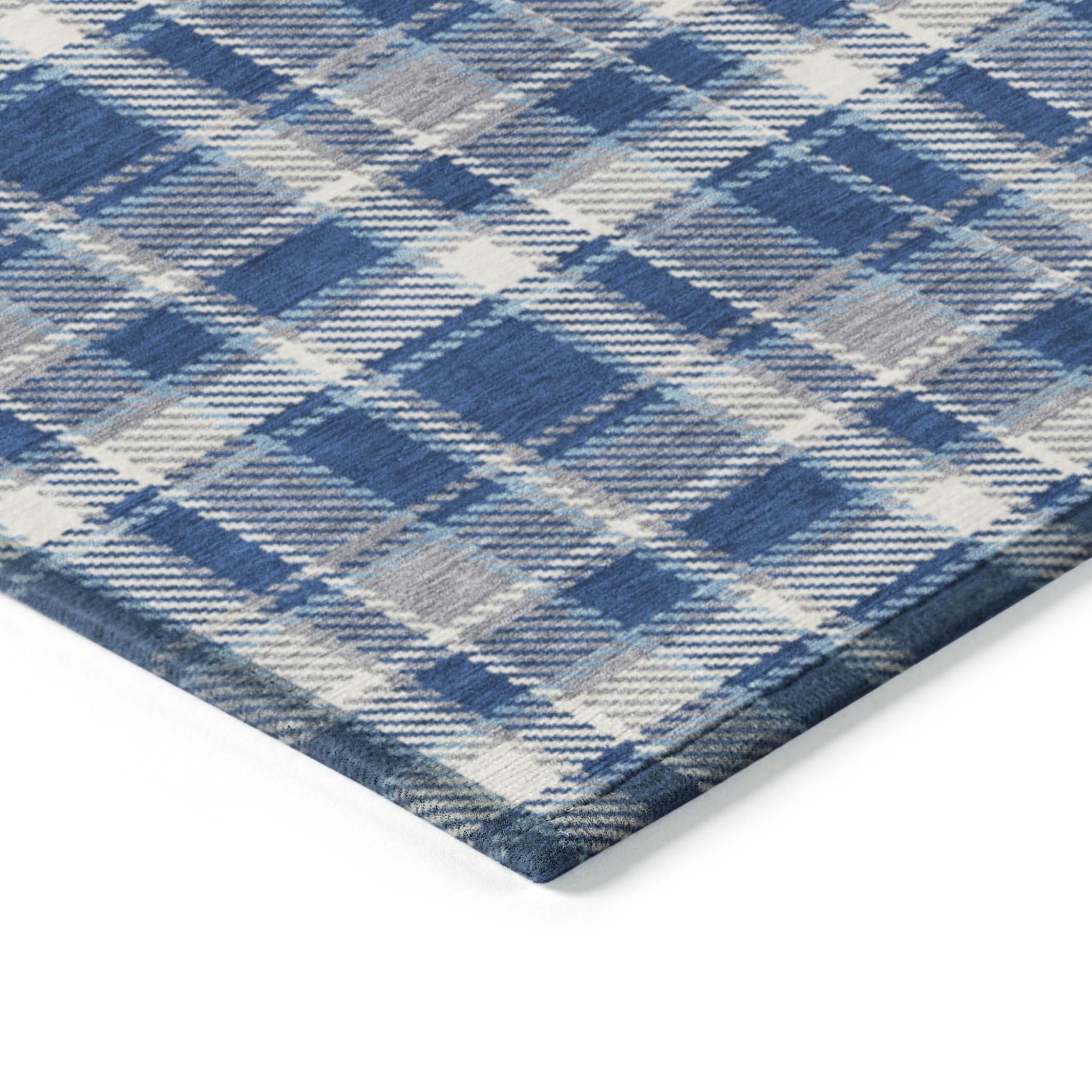 9' X 12' Navy and Ivory Plaid Washable Non Skid Indoor Outdoor Area Rug