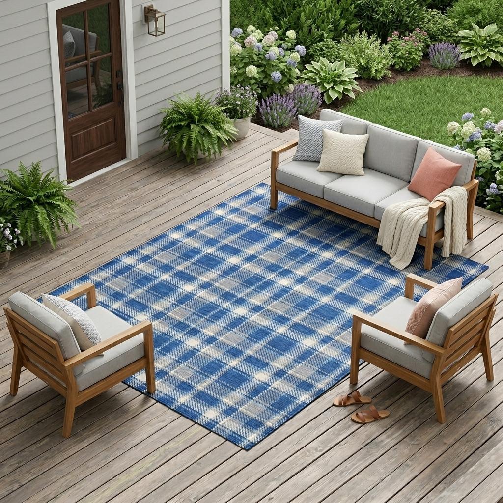 10' X 14' Navy and Ivory Plaid Washable Non Skid Indoor Outdoor Area Rug