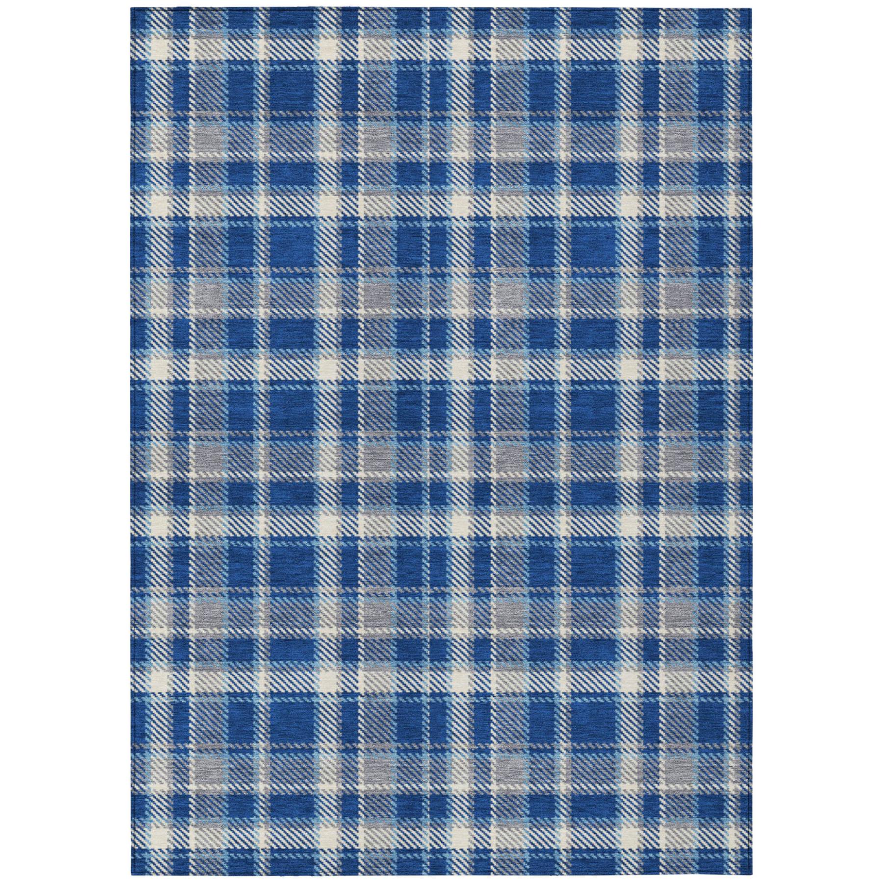 10' X 14' Navy and Ivory Plaid Washable Non Skid Indoor Outdoor Area Rug